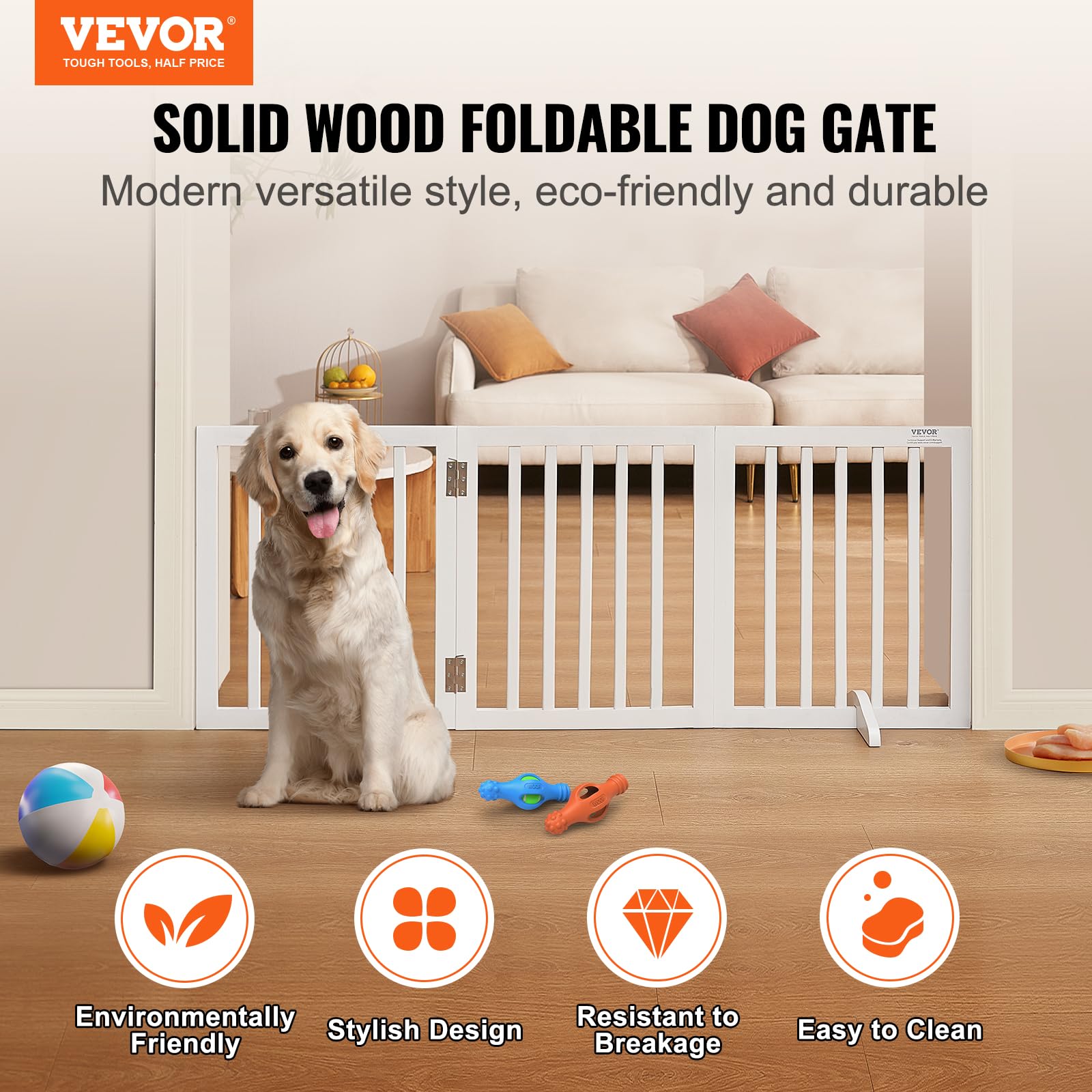 VEVOR Freestanding Dog Gate, Wooden Free Standing Pet Gate 60 W x 24 H,4 Panels Foldable Dog Gate for Wide & Narrow Passageways,